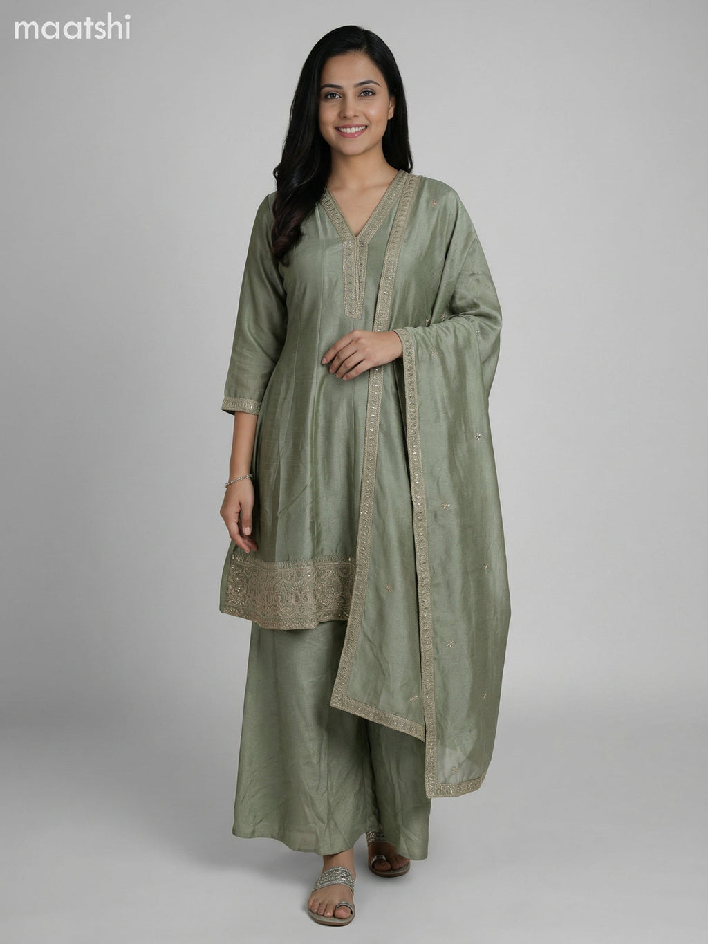 Pastel Green Semi Tussar Sequin Work Short Anarkali Suit