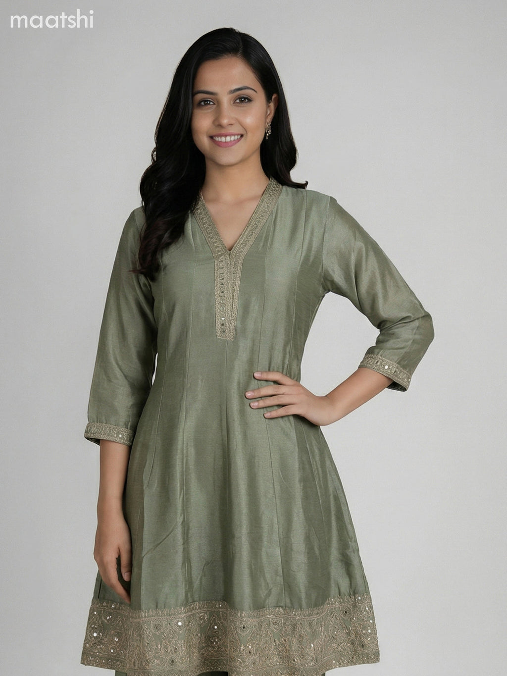 Pastel Green Semi Tussar Sequin Work Short Anarkali Suit