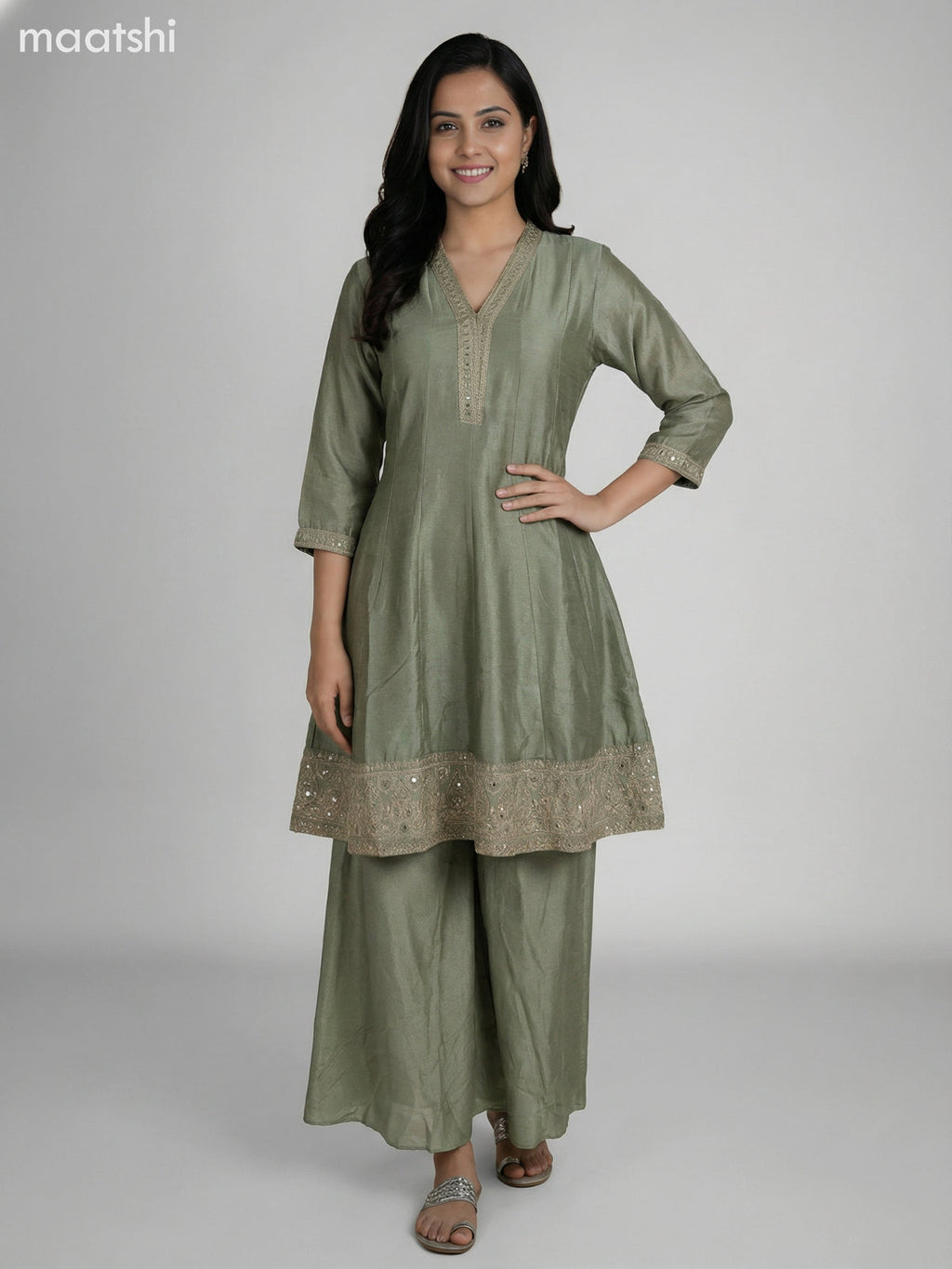 Pastel Green Semi Tussar Sequin Work Short Anarkali Suit