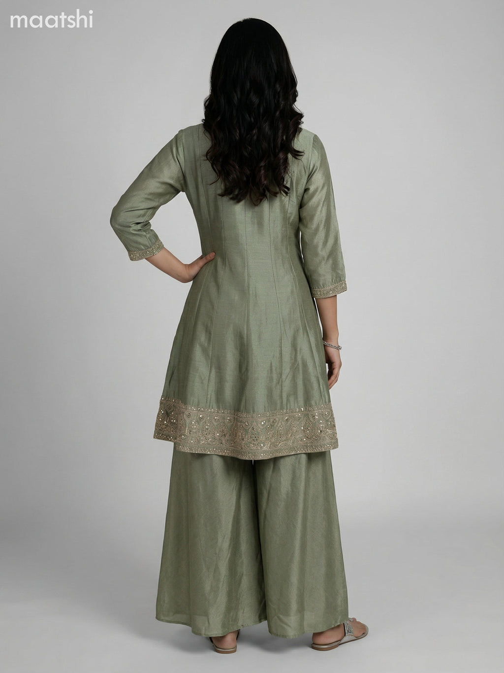 Pastel Green Semi Tussar Sequin Work Short Anarkali Suit