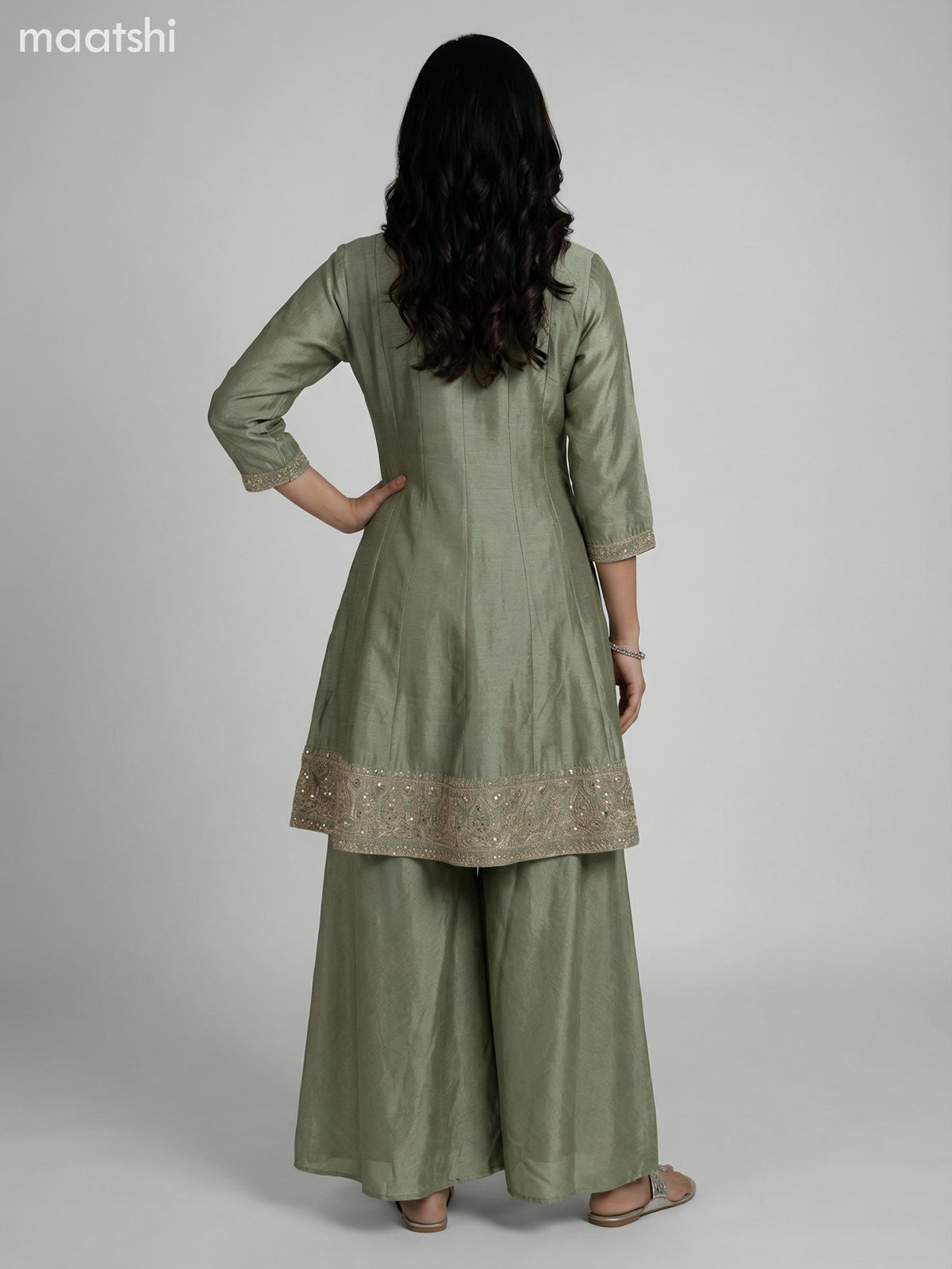 Pastel Green Semi Tussar Sequin Work Short Anarkali Suit