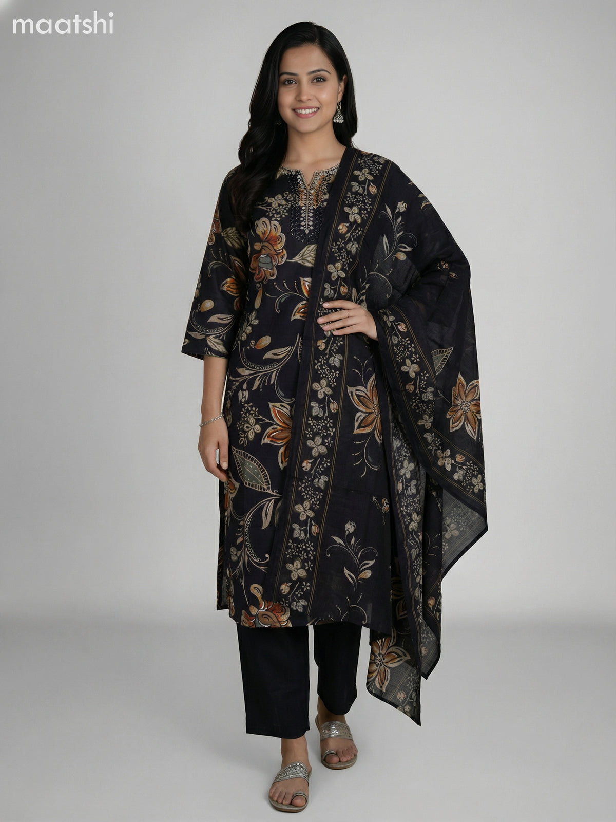 Black Semi Silk Floral Printed & Embroidery Work Straight Suit Straight Cut Pant