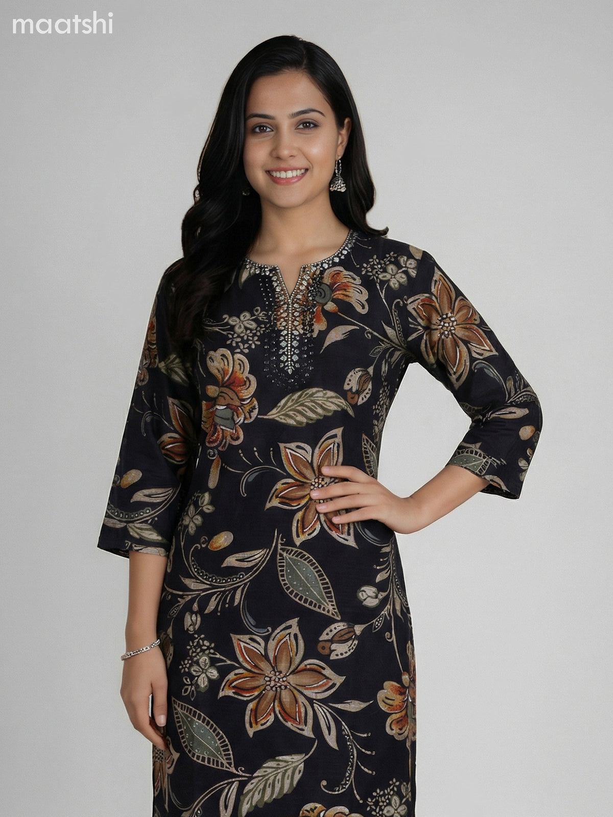 Black Semi Silk Floral Printed & Embroidery Work Straight Suit Straight Cut Pant