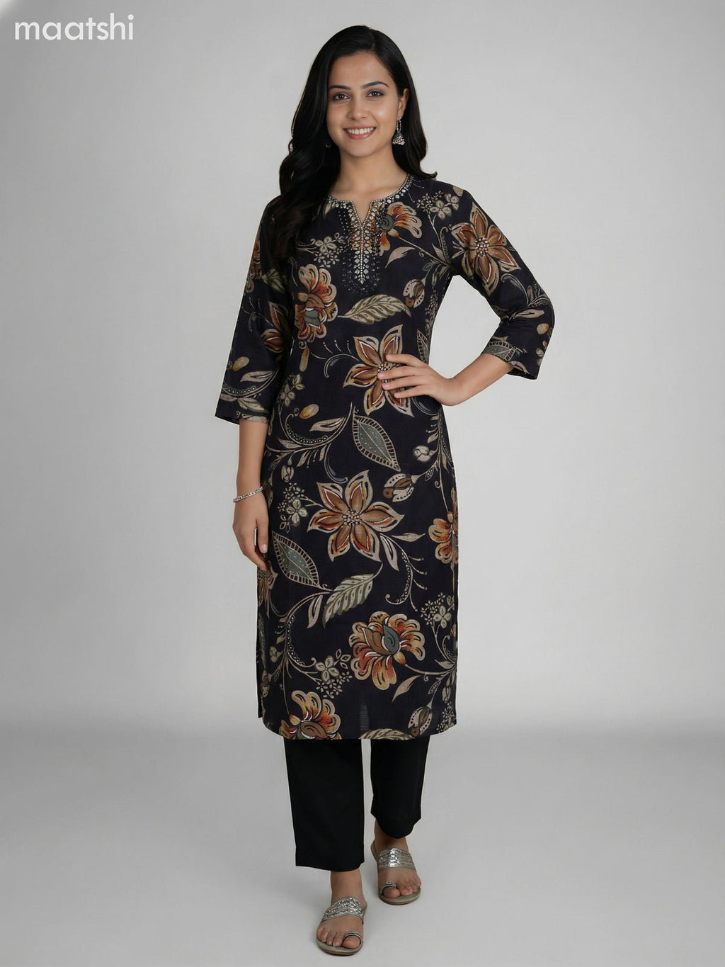 Black Semi Silk Floral Printed & Embroidery Work Straight Suit Straight Cut Pant