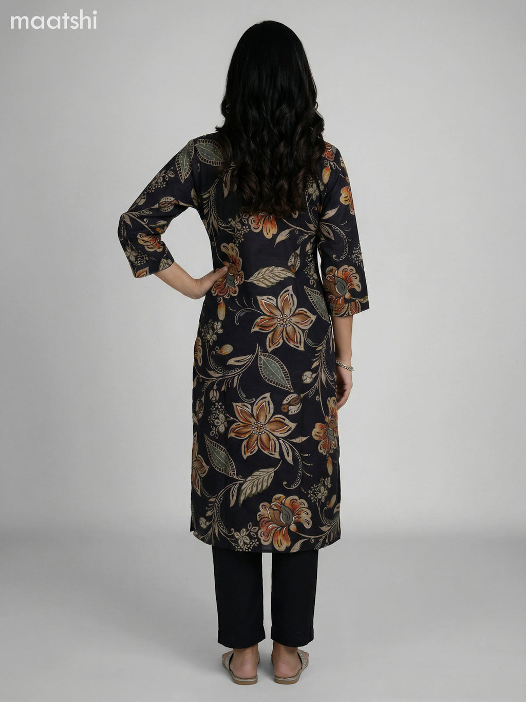 Black Semi Silk Floral Printed & Embroidery Work Straight Suit Straight Cut Pant