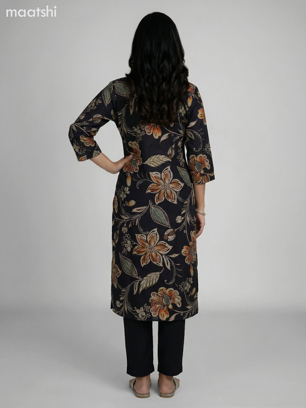 Black Semi Silk Floral Printed & Embroidery Work Straight Suit Straight Cut Pant