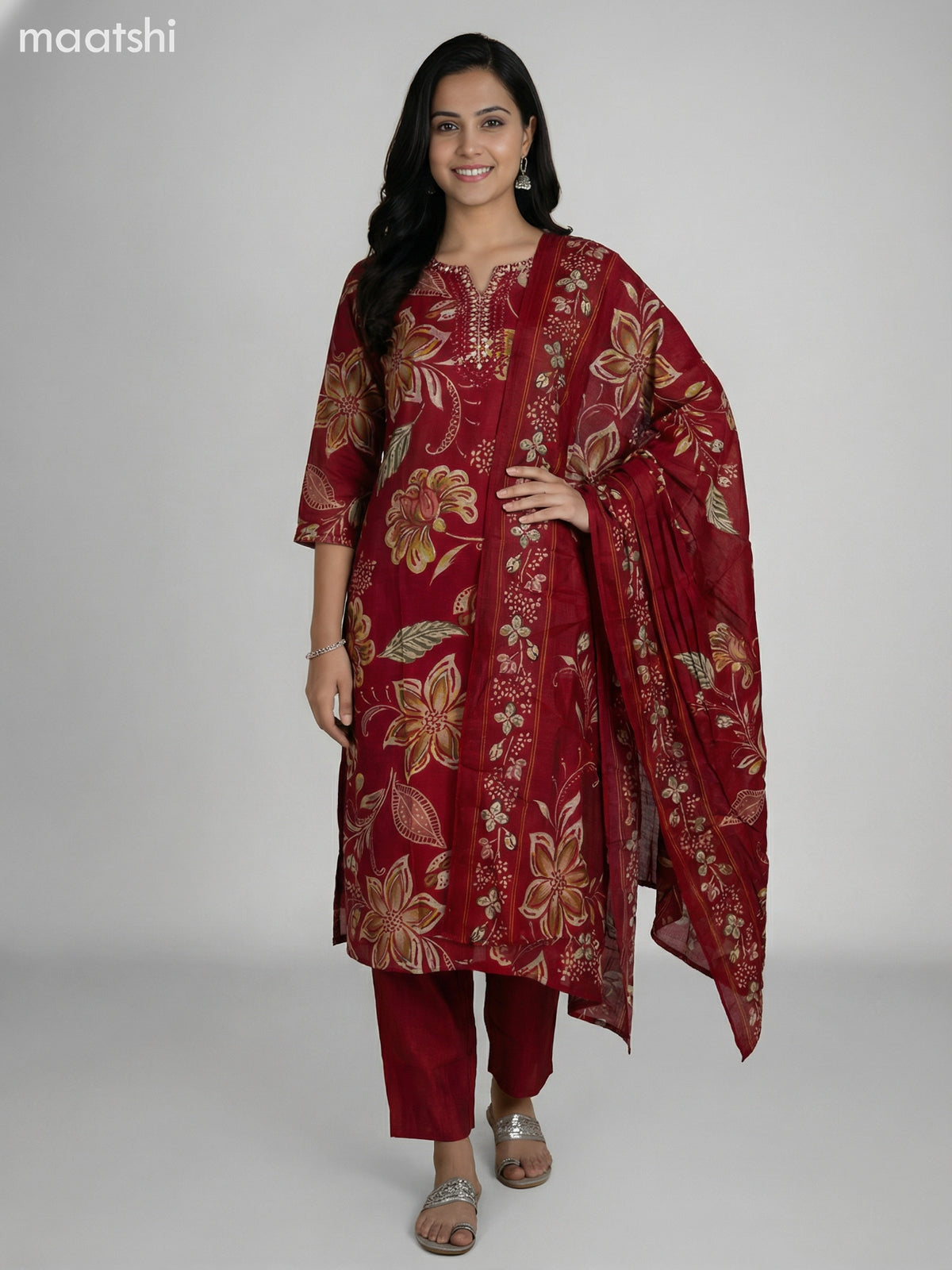 Red Semi Silk Floral Printed & Embroidery Work Straight Suit Straight Cut Pant