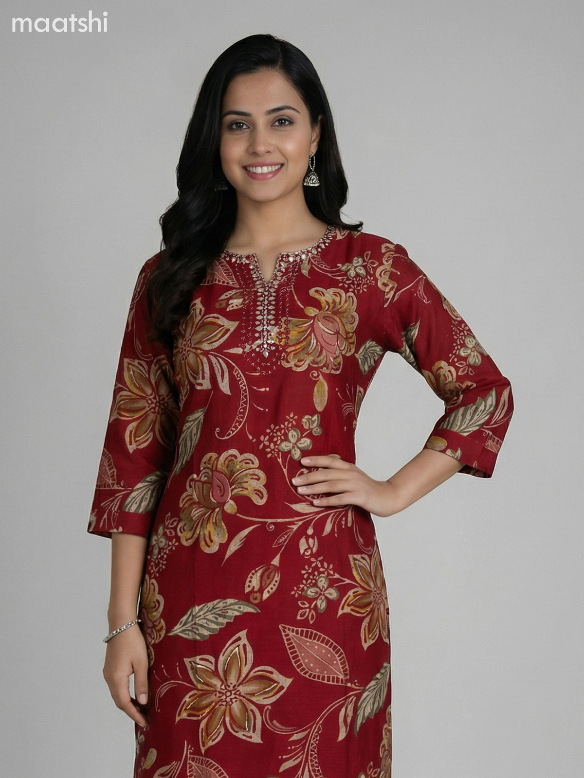 Red Semi Silk Floral Printed & Embroidery Work Straight Suit Straight Cut Pant