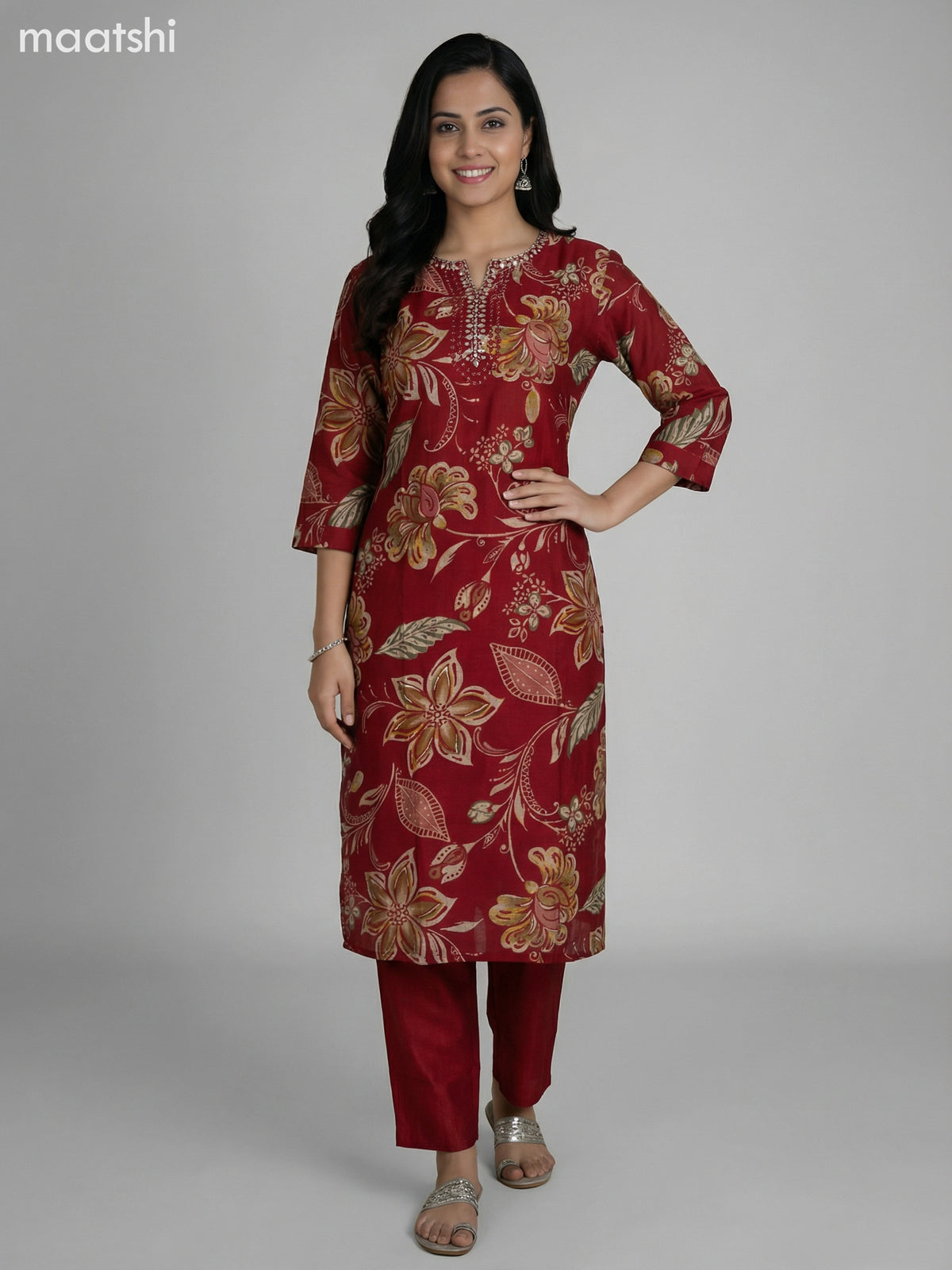Red Semi Silk Floral Printed & Embroidery Work Straight Suit Straight Cut Pant