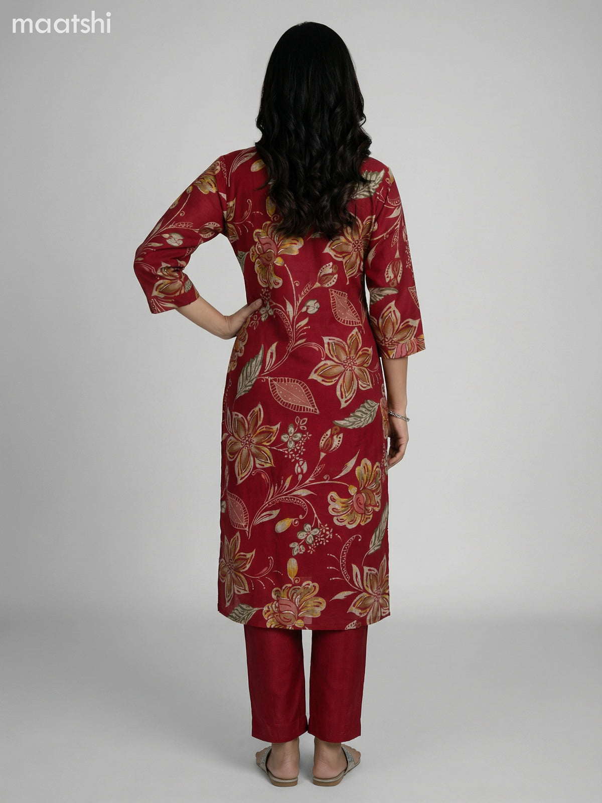 Red Semi Silk Floral Printed & Embroidery Work Straight Suit Straight Cut Pant