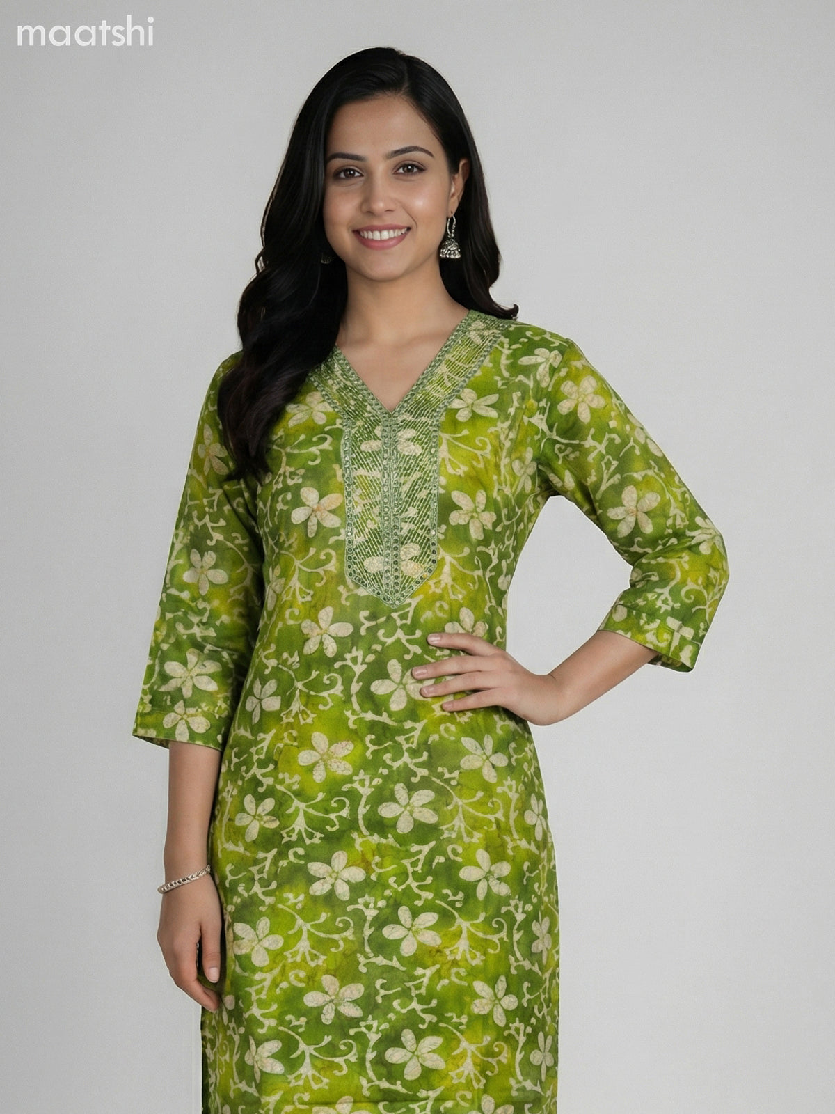 Green Cotton Floral Printed Straight Suit