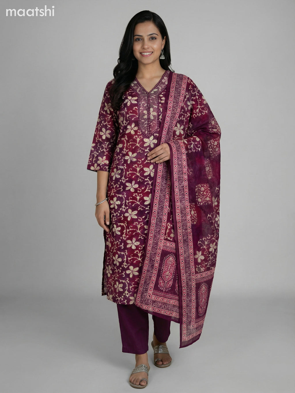 Dark Magenta Pink and Maroon Cotton Floral Printed Straight Suit