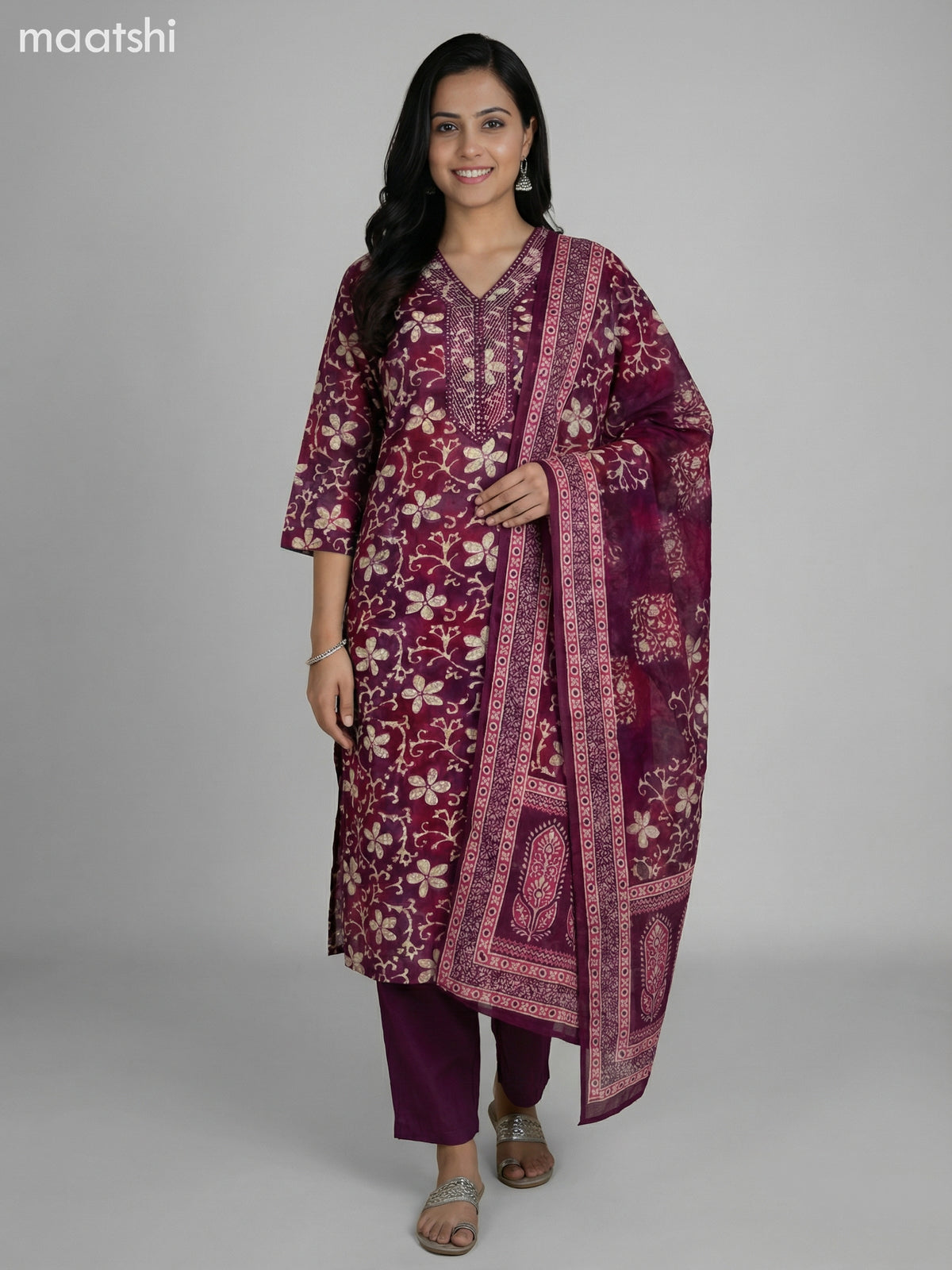 Dark Magenta Pink and Maroon Cotton Floral Printed Straight Suit