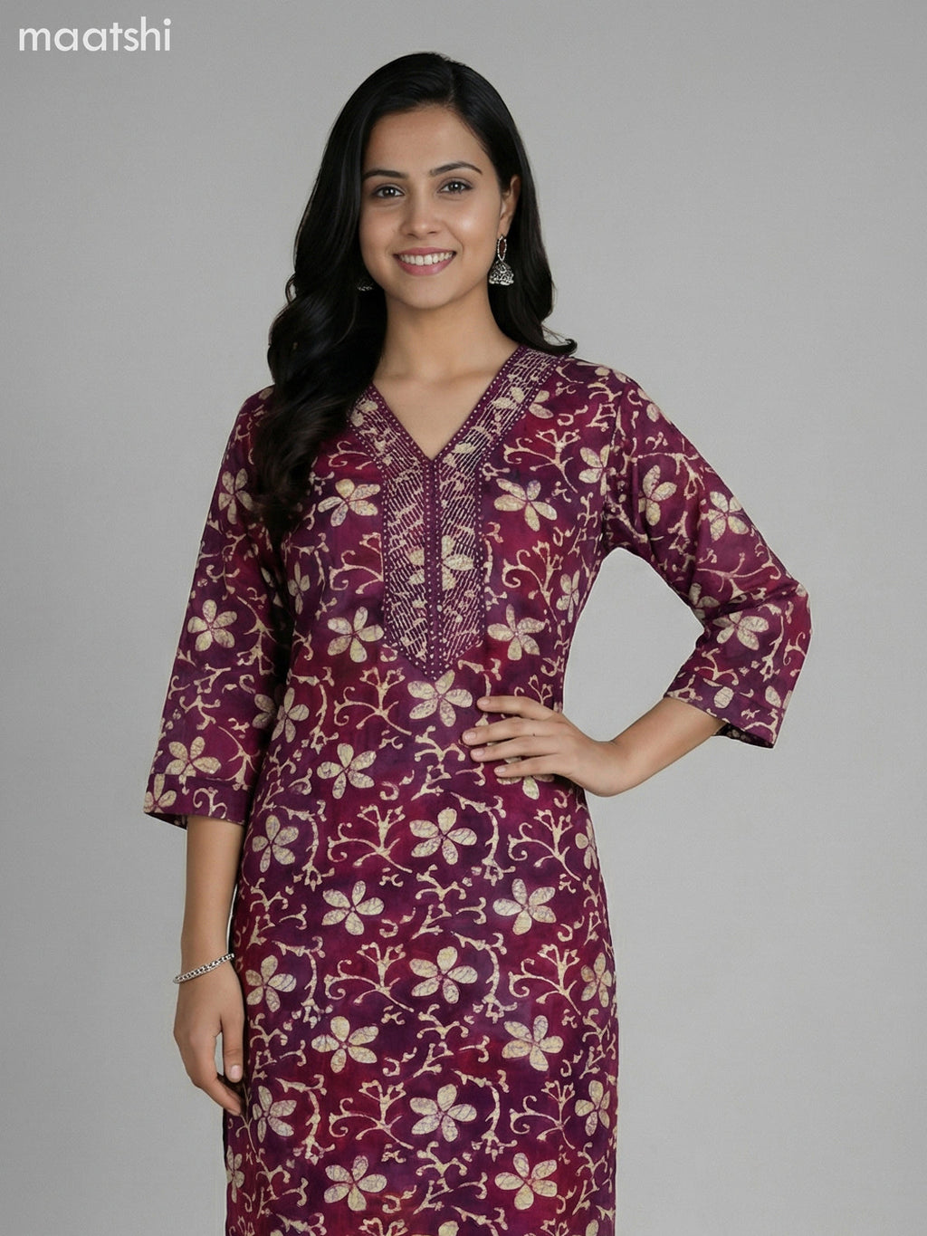 Dark Magenta Pink and Maroon Cotton Floral Printed Straight Suit
