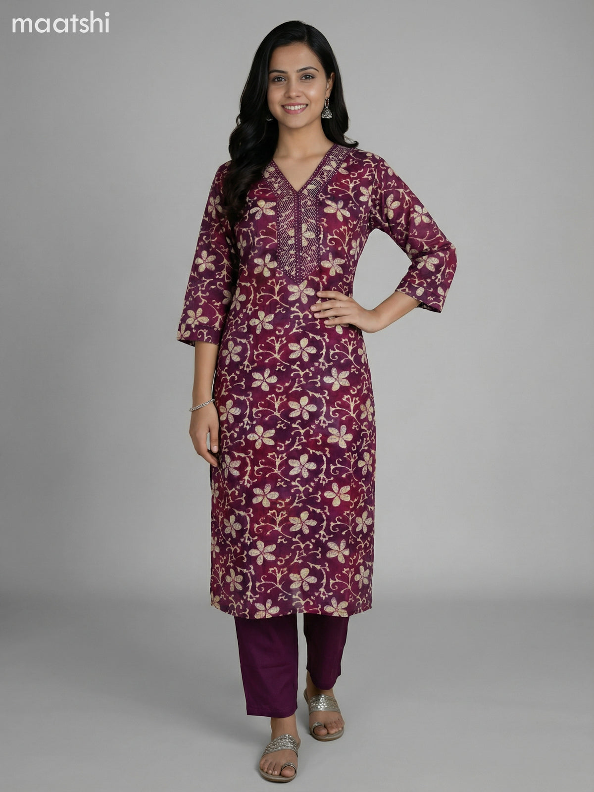 Dark Magenta Pink and Maroon Cotton Floral Printed Straight Suit