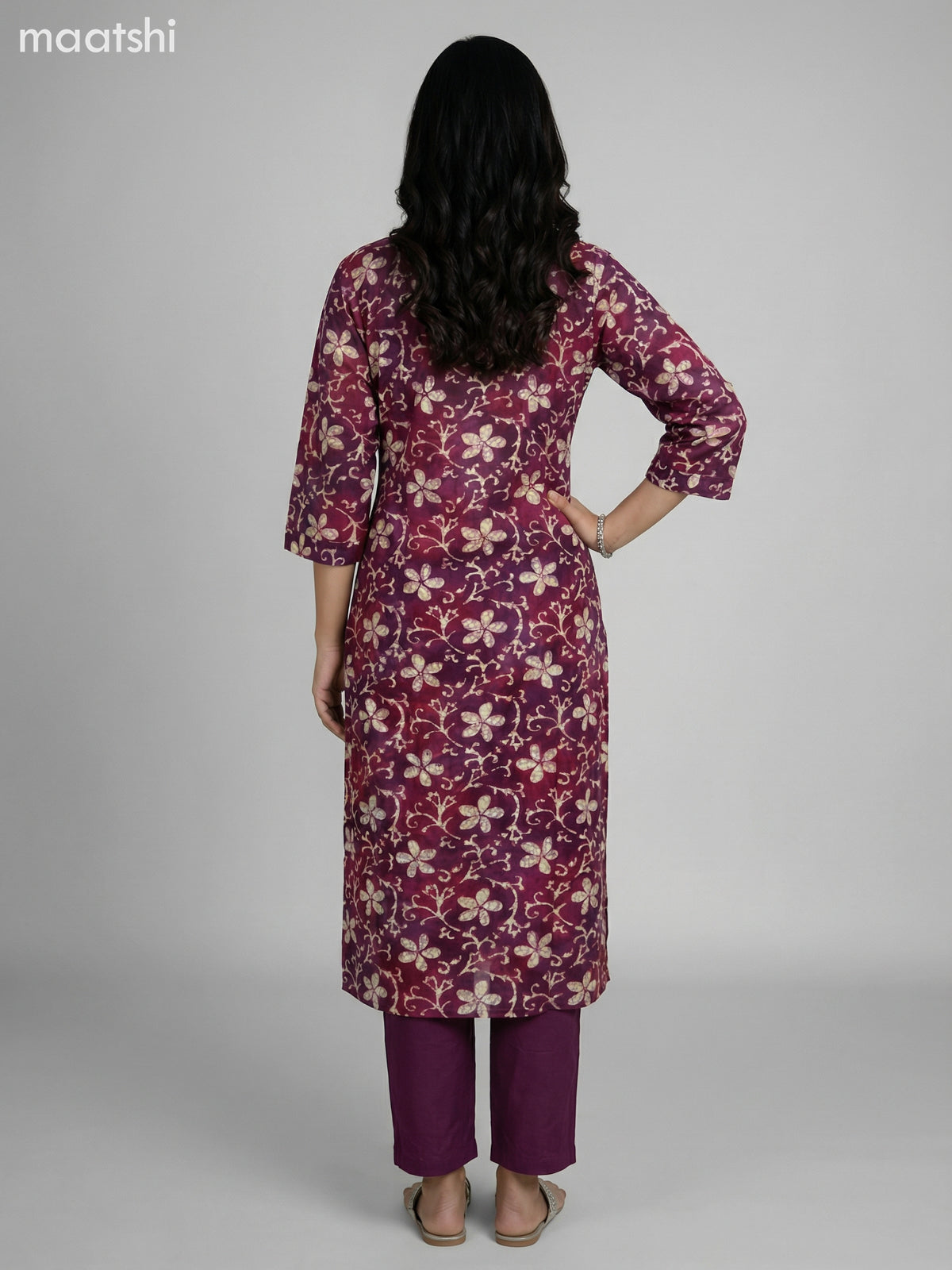 Dark Magenta Pink and Maroon Cotton Floral Printed Straight Suit