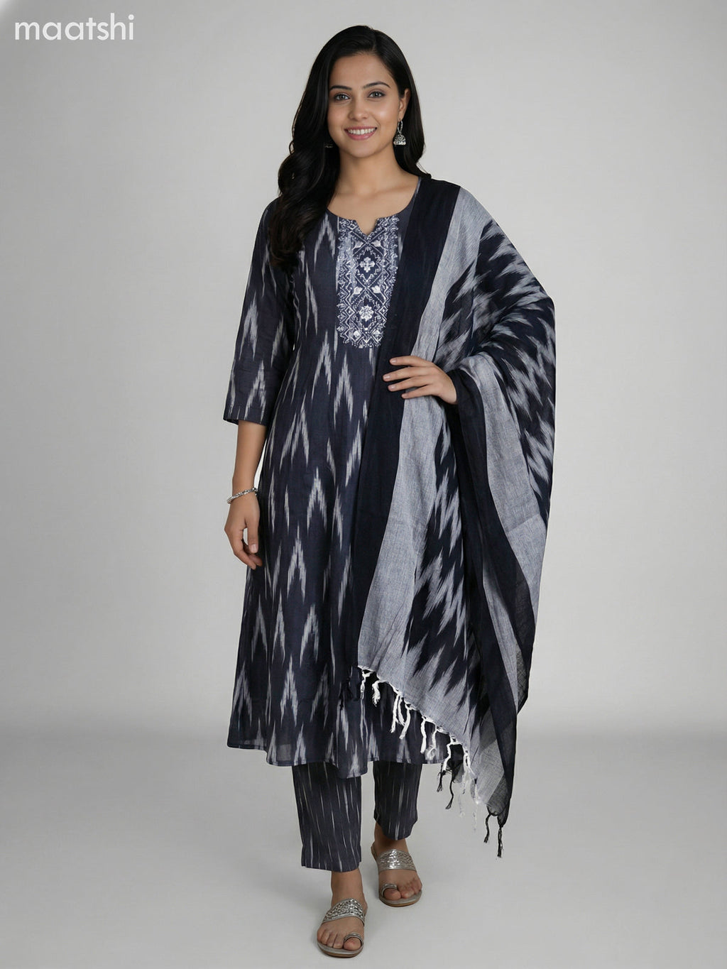 Black and Grey Cotton Ikat Weaves & Embroidery Work Anarkali Suit