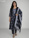 Black and Grey Cotton Ikat Weaves & Embroidery Work Anarkali Suit