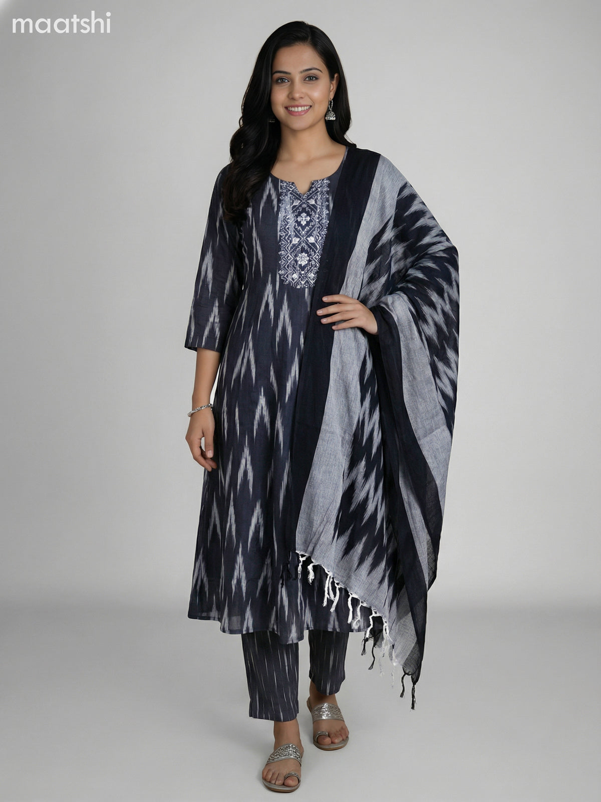 Black and Grey Cotton Ikat Weaves & Embroidery Work Anarkali Suit