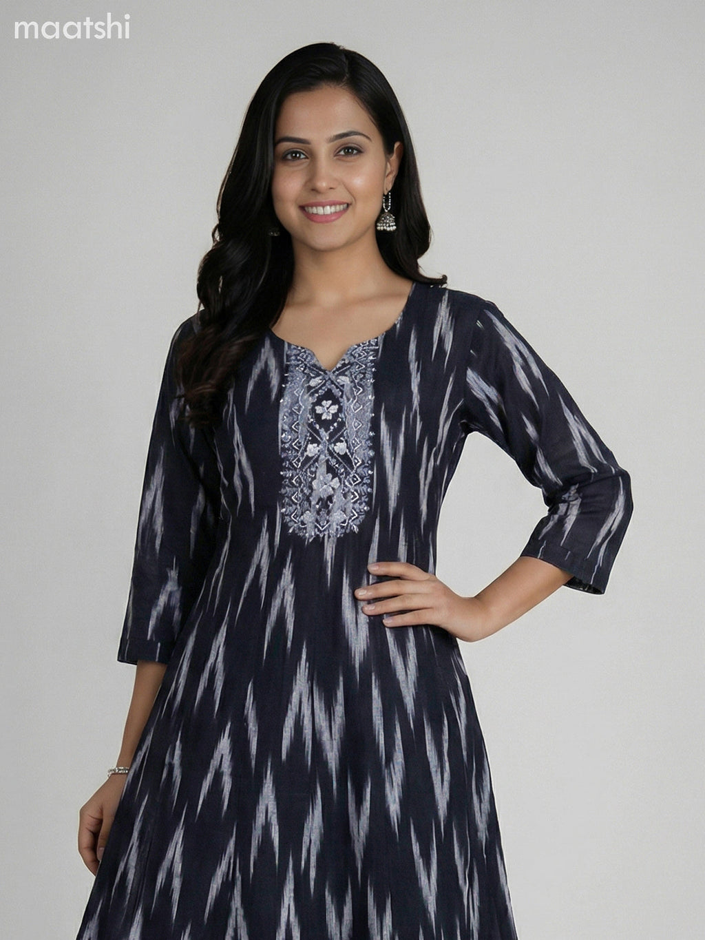 Black and Grey Cotton Ikat Weaves & Embroidery Work Anarkali Suit