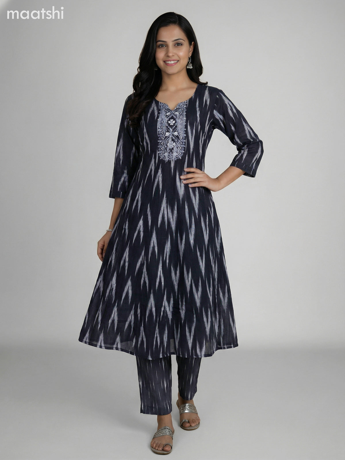 Black and Grey Cotton Ikat Weaves & Embroidery Work Anarkali Suit