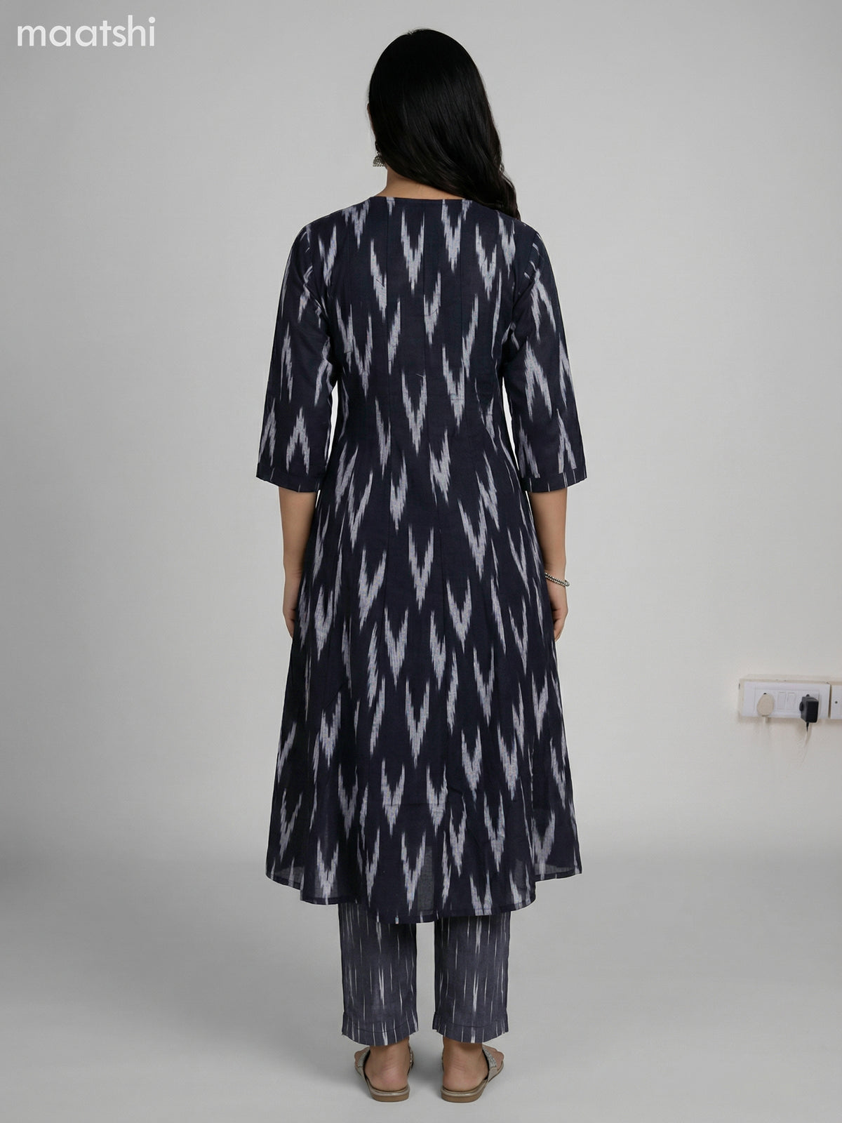 Black and Grey Cotton Ikat Weaves & Embroidery Work Anarkali Suit