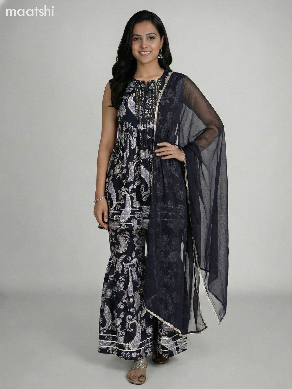 Black Rayon Floral Printed Short Anarkali Suit