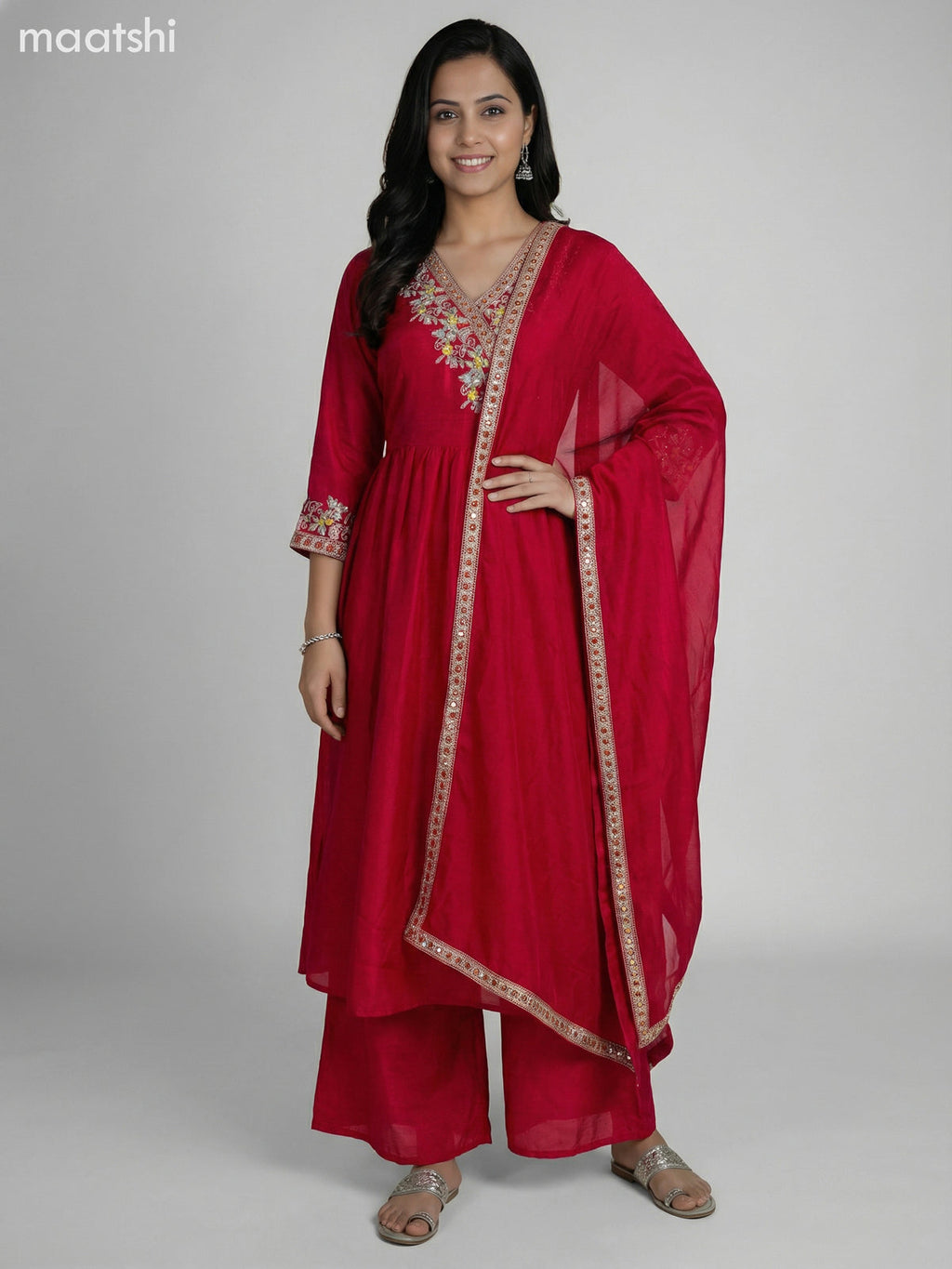 Dark Pink Semi Tussar Embroidery Work Anarkali Suit