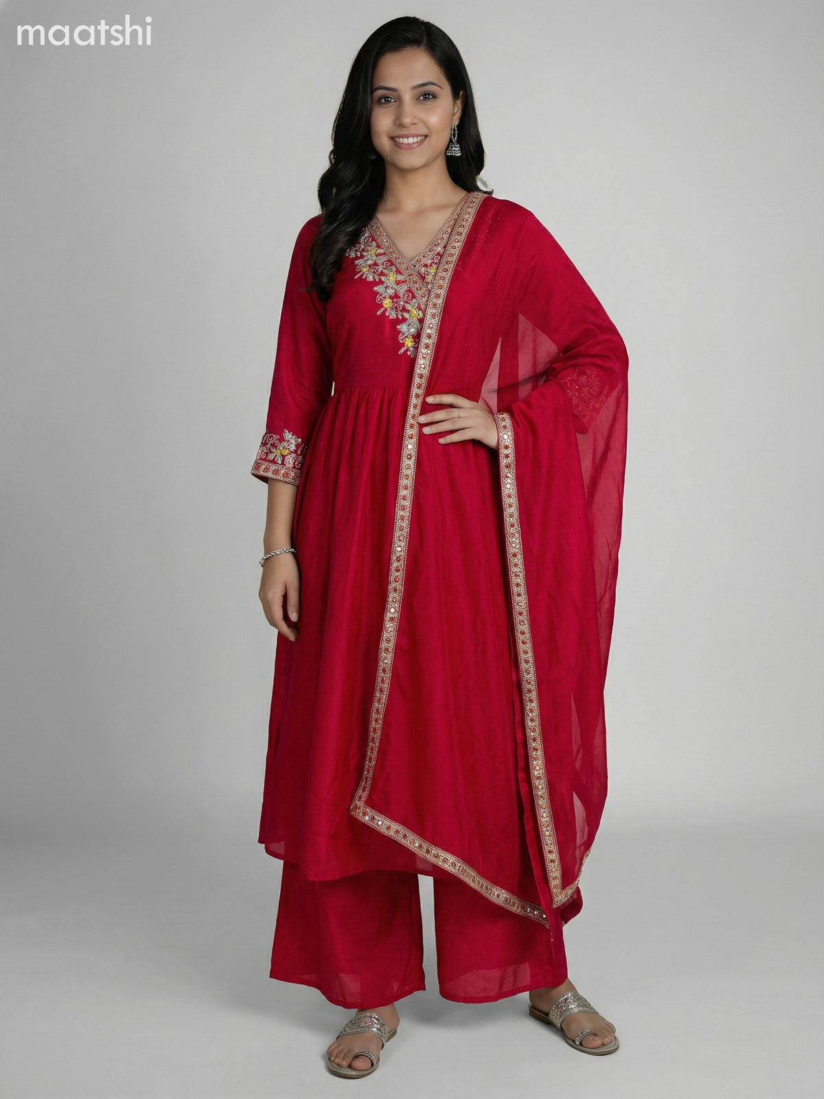 Dark Pink Semi Tussar Embroidery Work Anarkali Suit