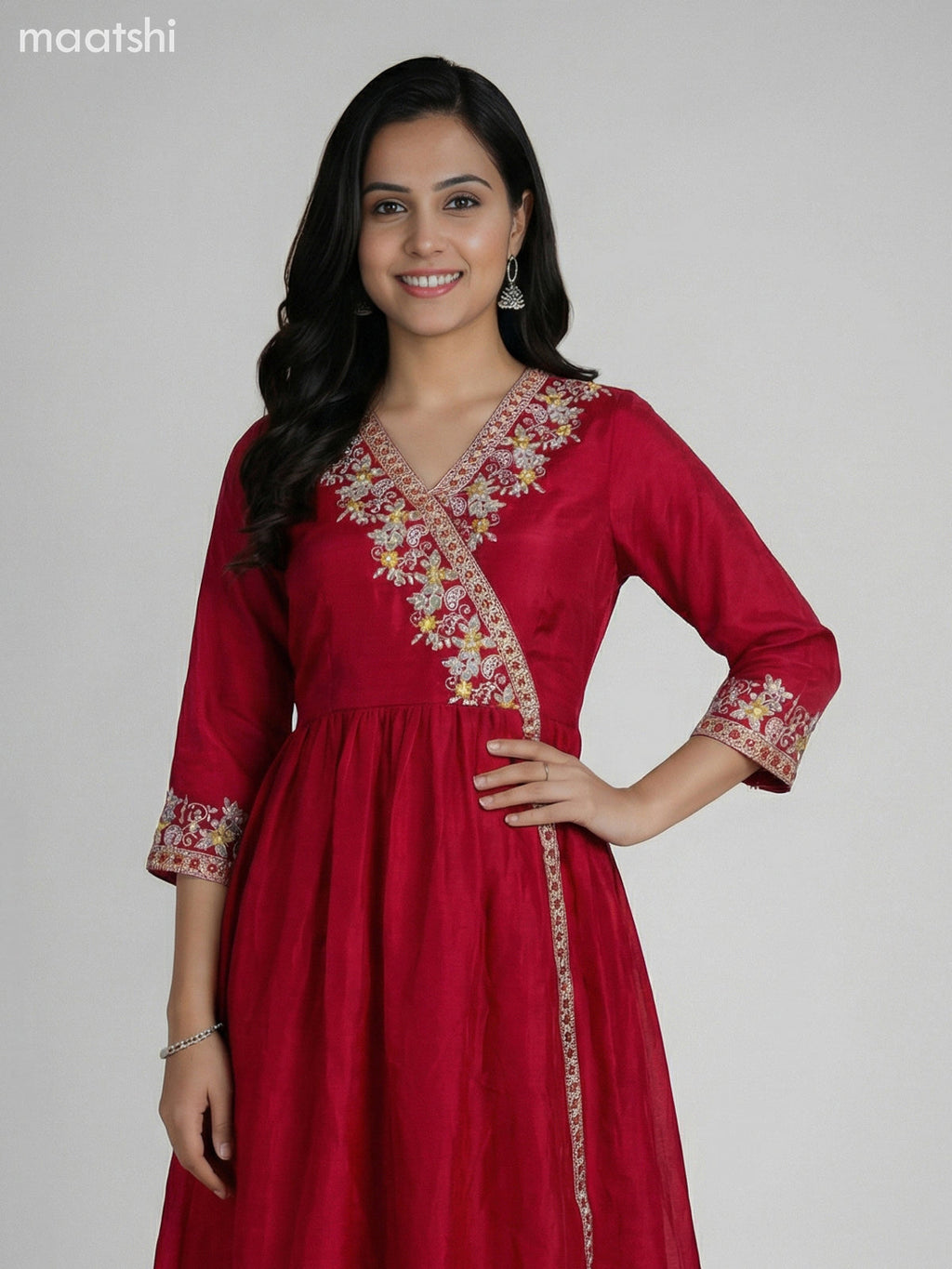 Dark Pink Semi Tussar Embroidery Work Anarkali Suit