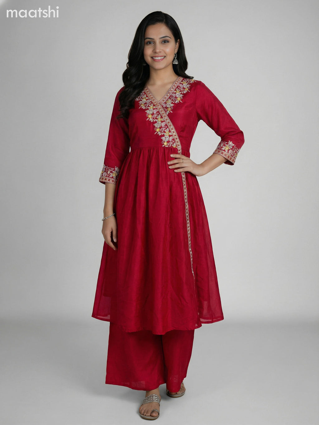 Dark Pink Semi Tussar Embroidery Work Anarkali Suit