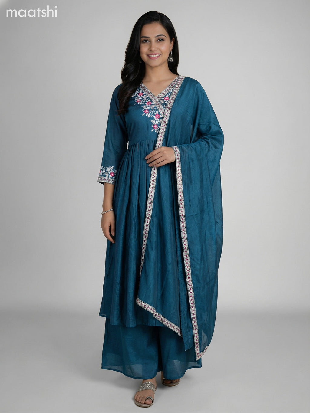 Peacock Blue Semi Tussar Embroidery Work Anarkali Suit