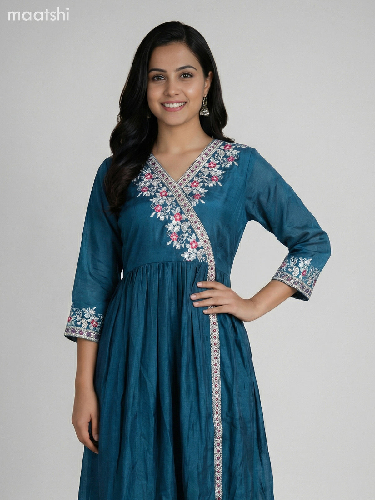 Peacock Blue Semi Tussar Embroidery Work Anarkali Suit