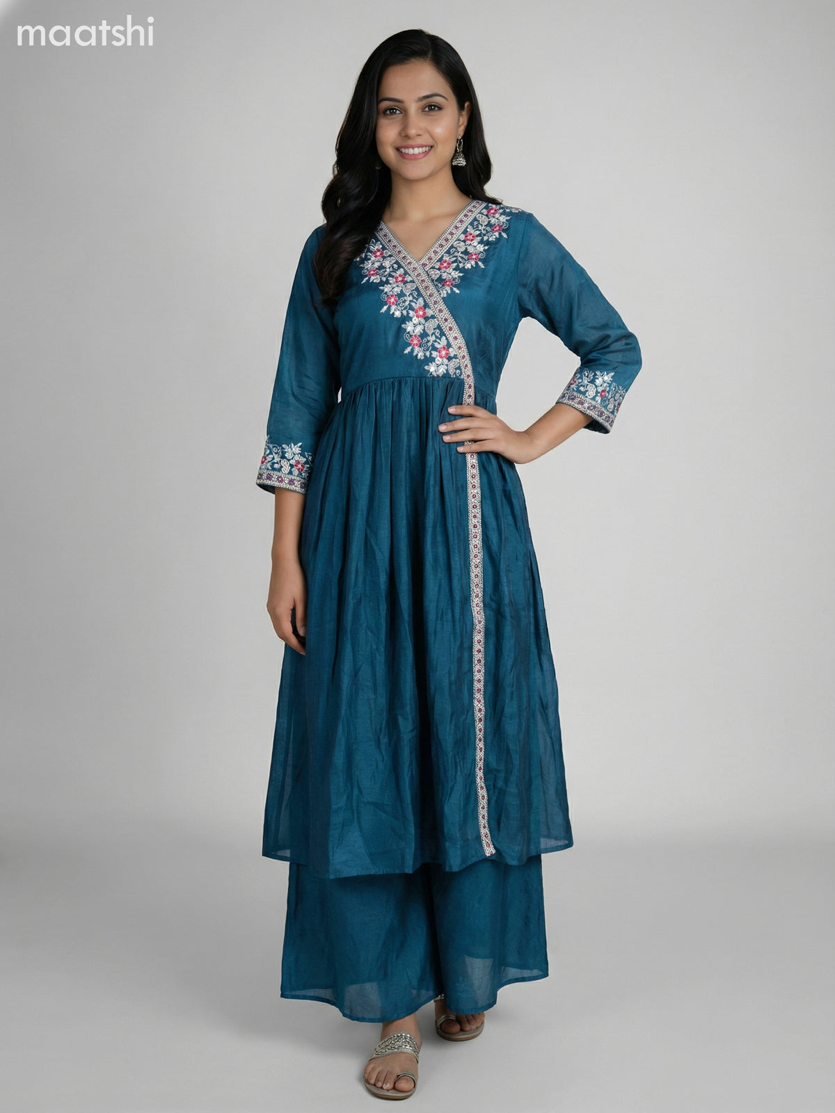 Peacock Blue Semi Tussar Embroidery Work Anarkali Suit