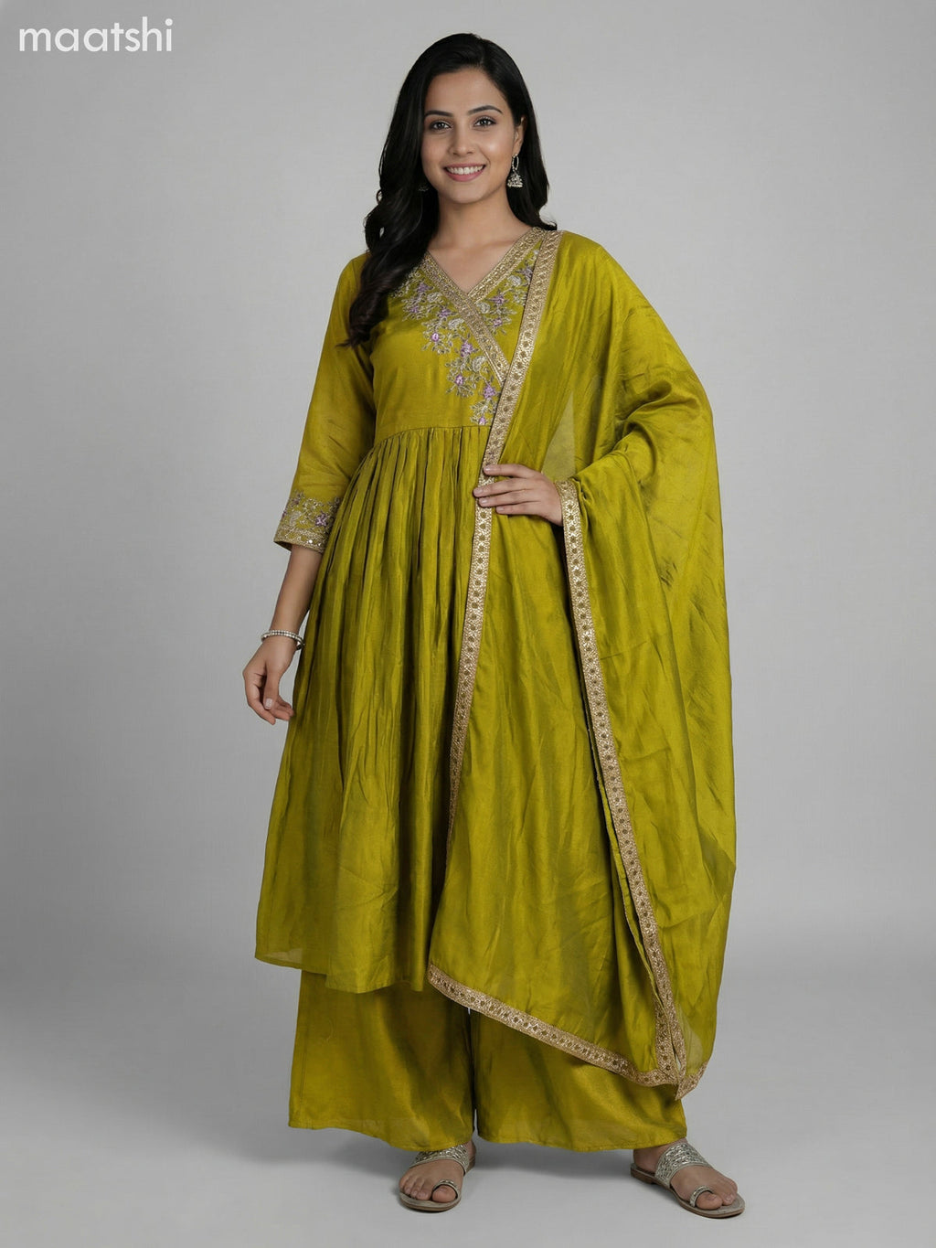 Lime Green Semi Tussar Embroidery Work Anarkali Suit