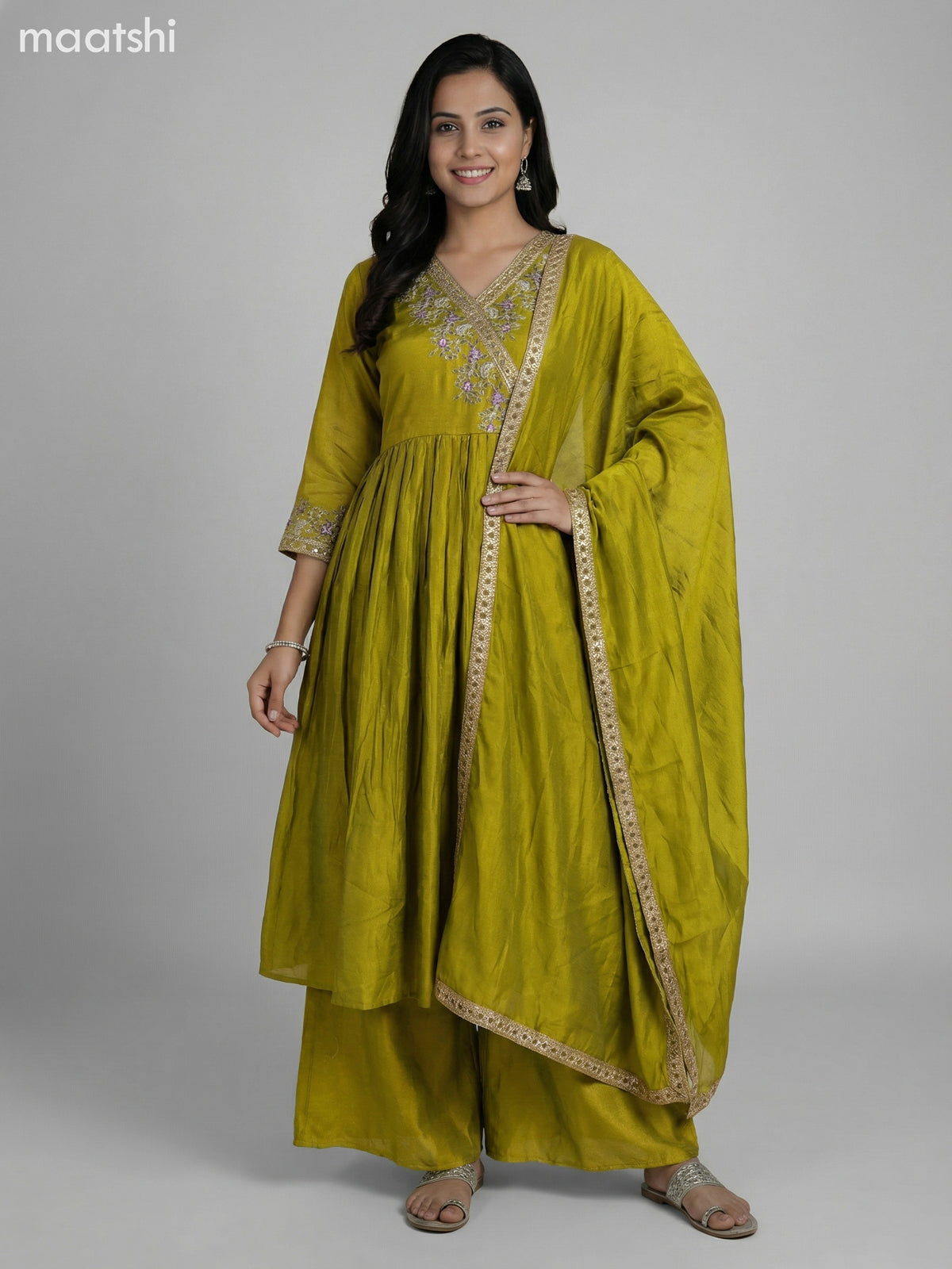 Lime Green Semi Tussar Embroidery Work Anarkali Suit