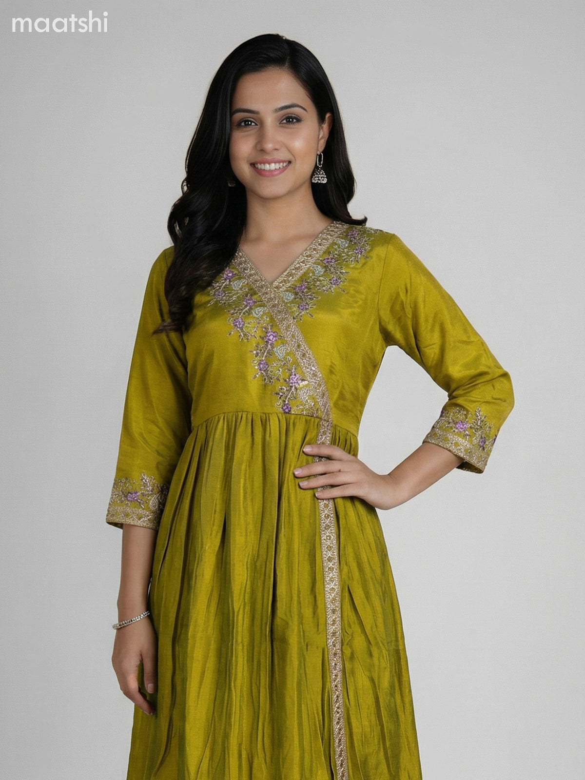 Lime Green Semi Tussar Embroidery Work Anarkali Suit