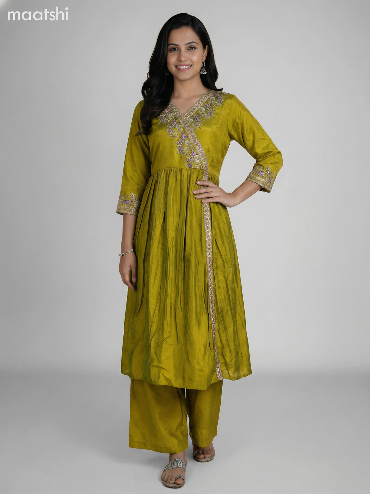 Lime Green Semi Tussar Embroidery Work Anarkali Suit