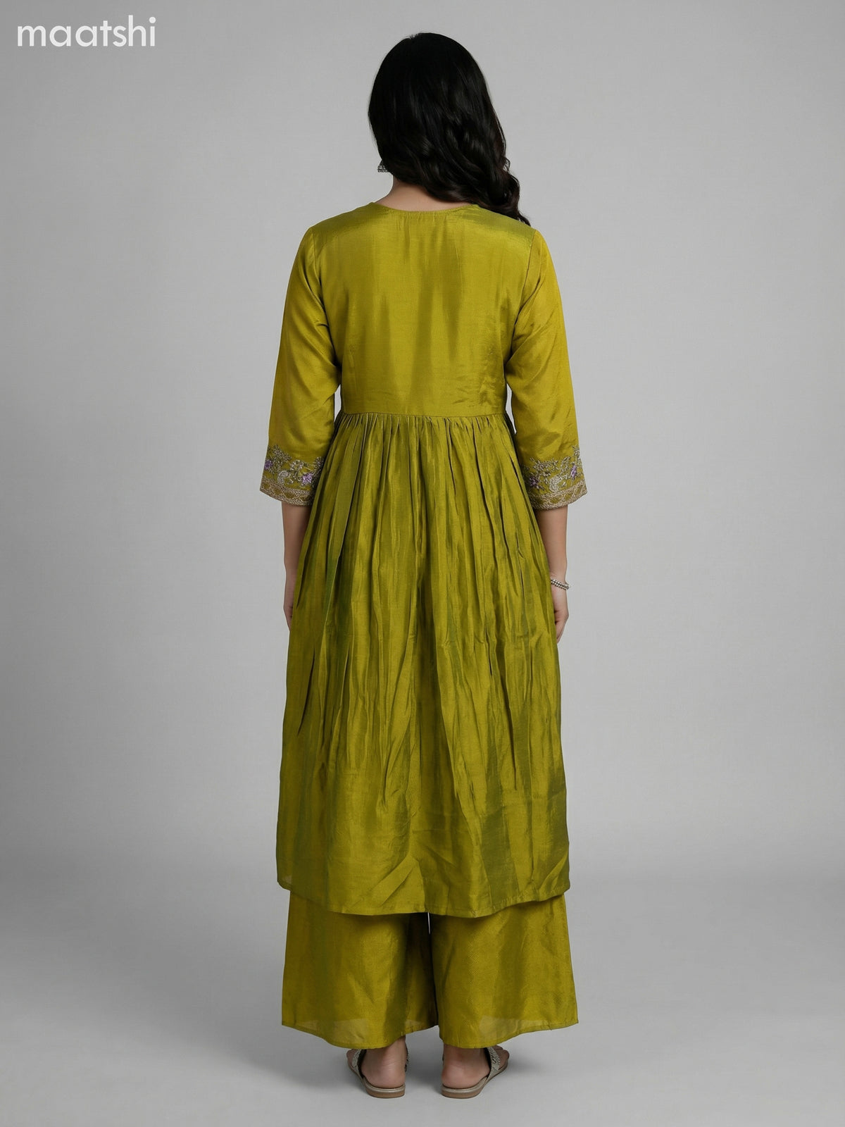 Lime Green Semi Tussar Embroidery Work Anarkali Suit