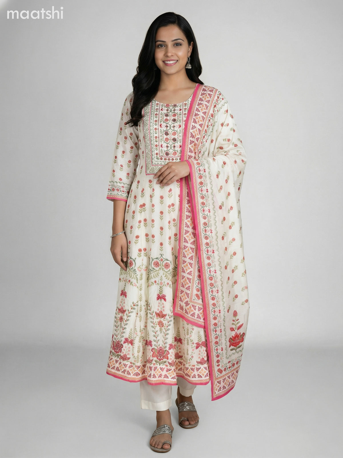 Cream Crepe Silk Floral Printed Long Anarkali Suit