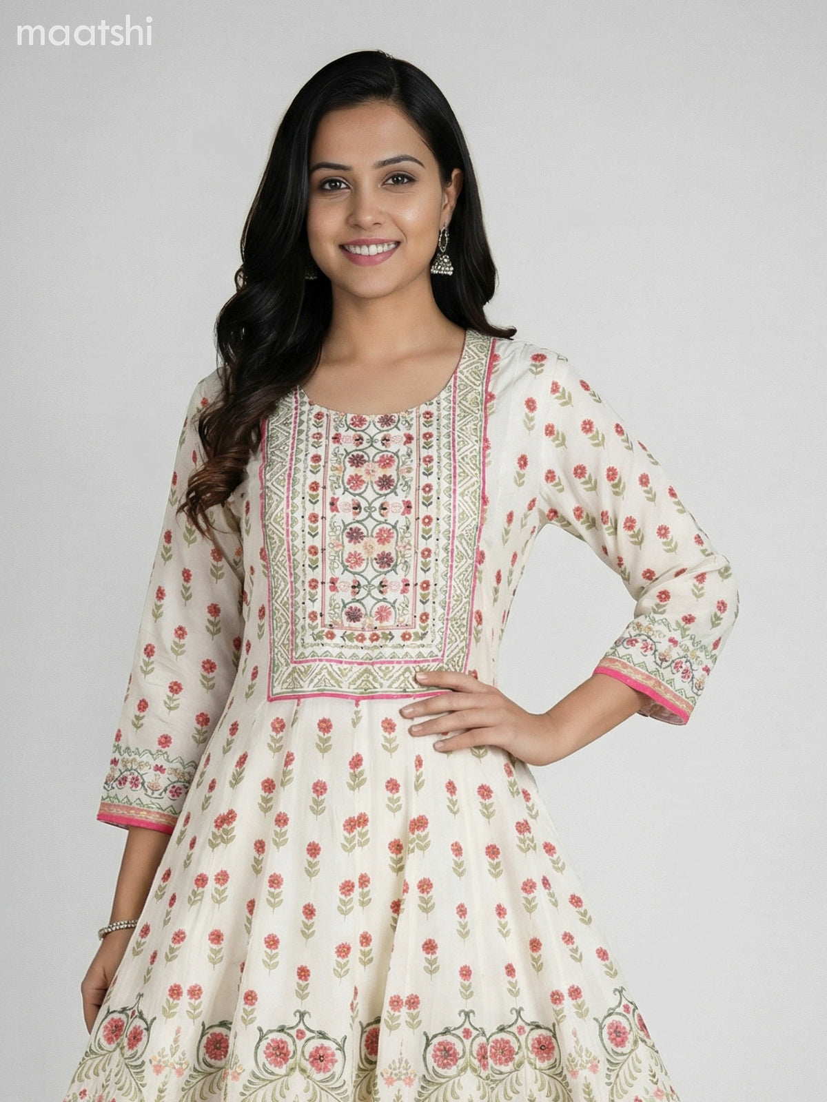 Cream Crepe Silk Floral Printed Long Anarkali Suit