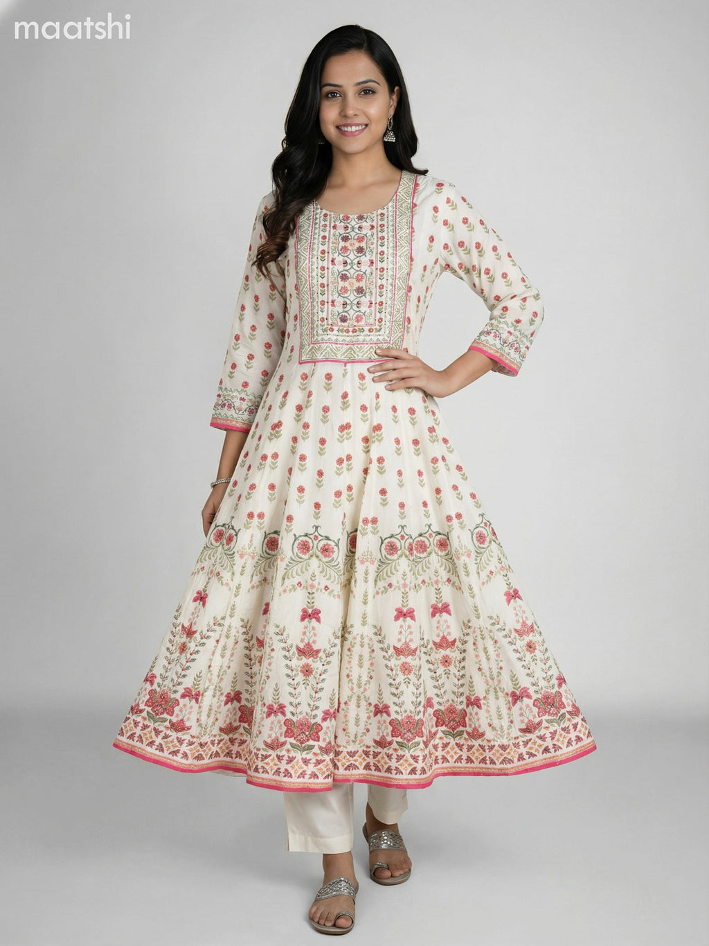 Cream Crepe Silk Floral Printed Long Anarkali Suit