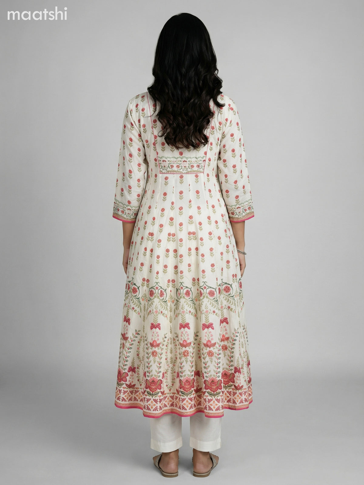 Cream Crepe Silk Floral Printed Long Anarkali Suit