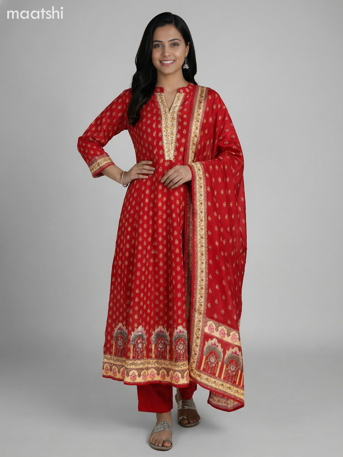 Red Crepe Silk Printed Long Anarkali Suit