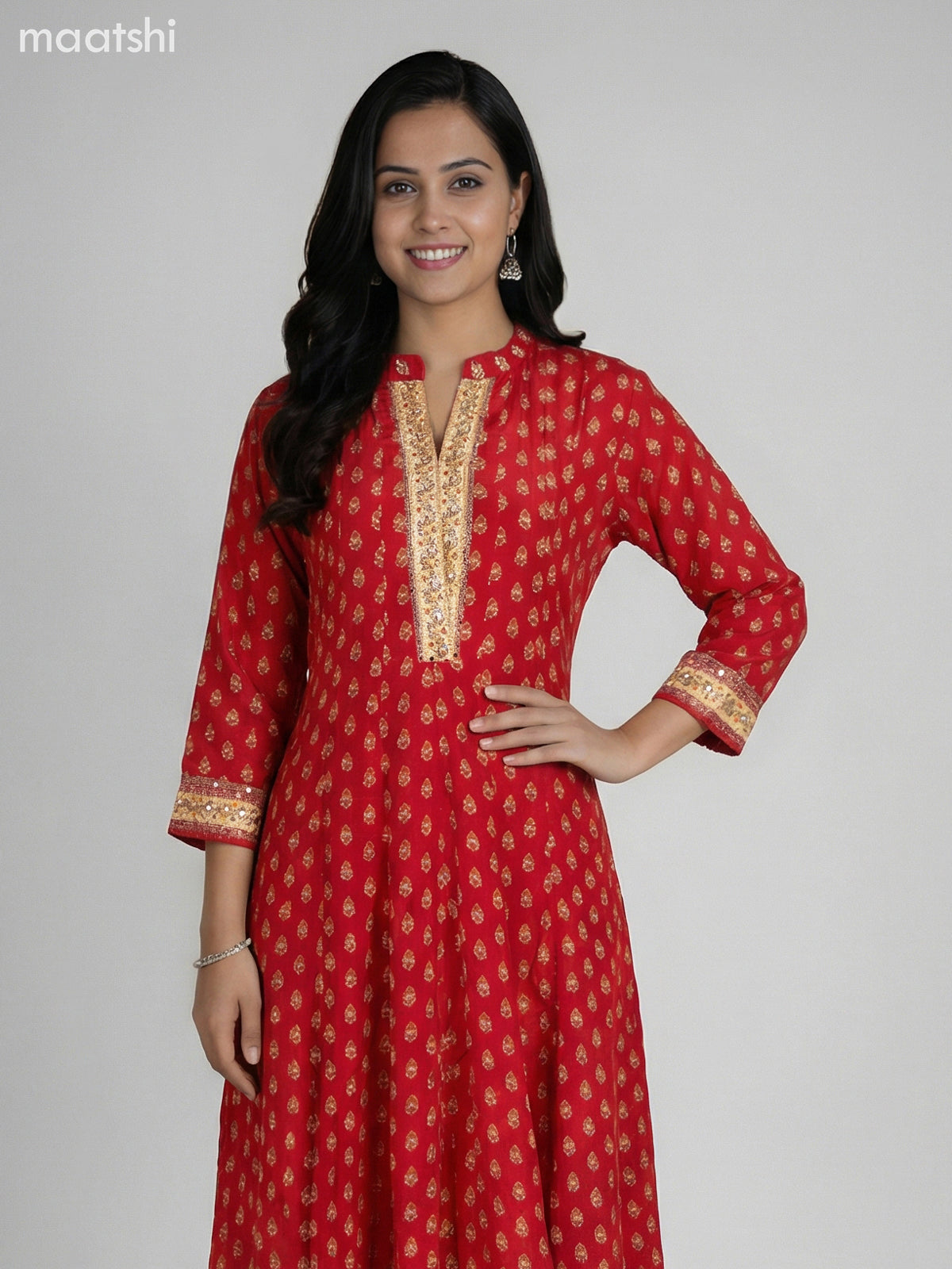 Red Crepe Silk Printed Long Anarkali Suit