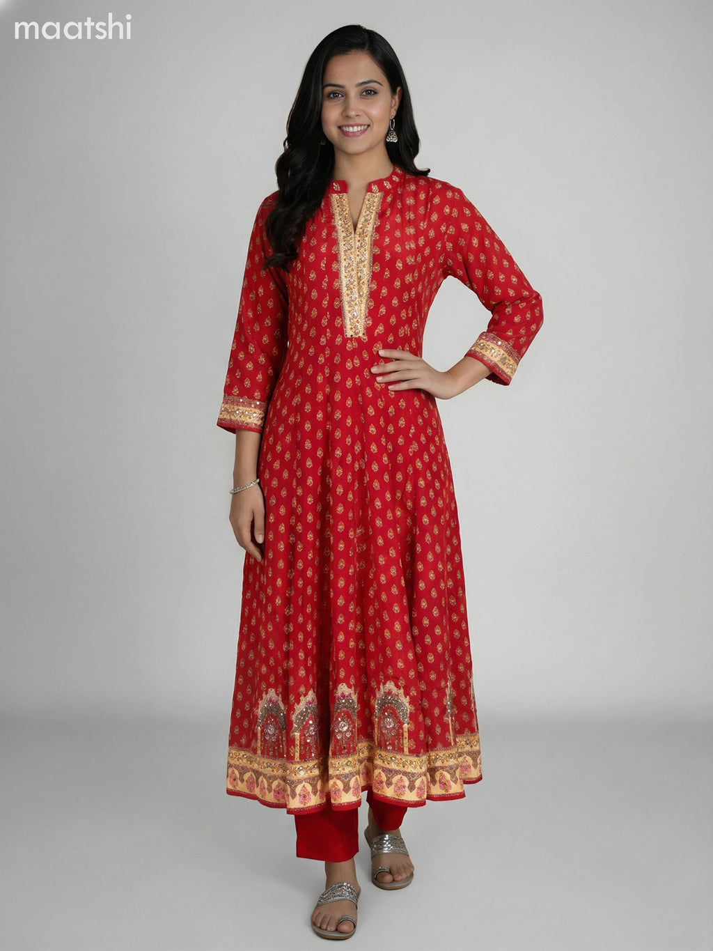 Red Crepe Silk Printed Long Anarkali Suit