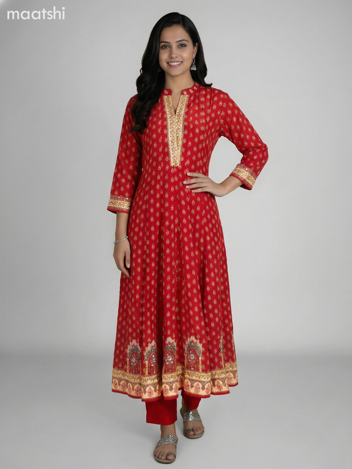 Red Crepe Silk Printed Long Anarkali Suit