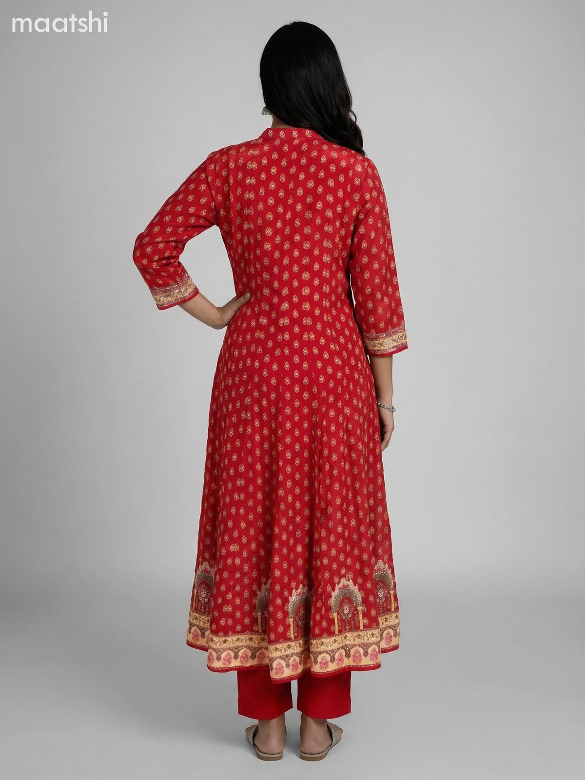 Red Crepe Silk Printed Long Anarkali Suit