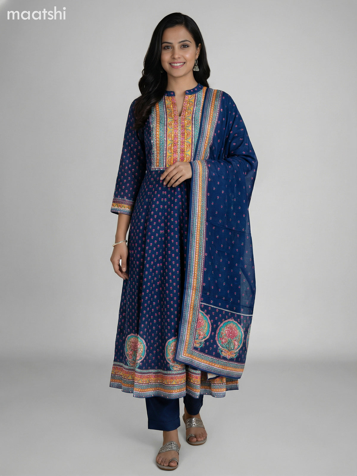 Peacock Blue Crepe Silk Printed Long Anarkali Suit