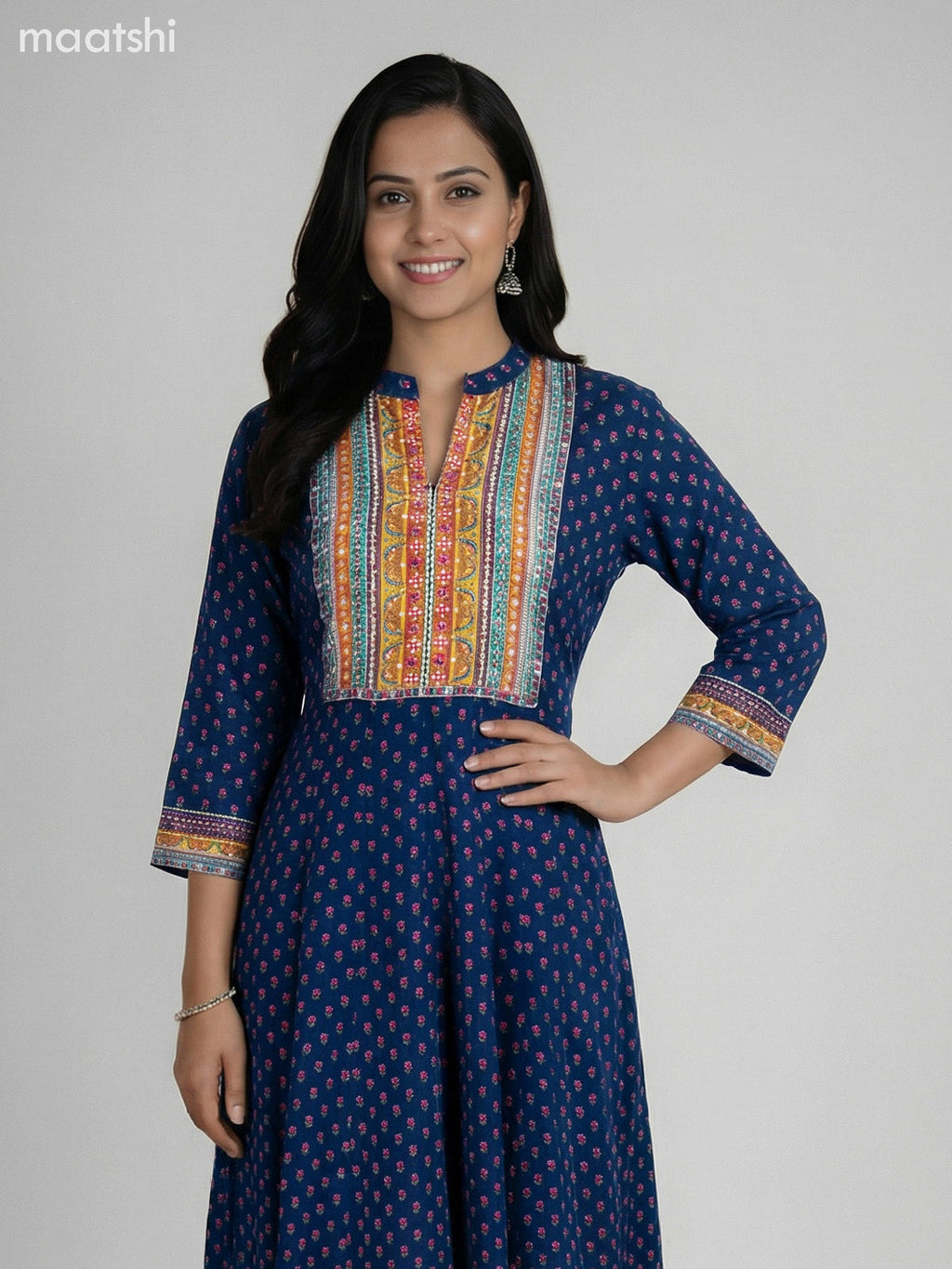 Peacock Blue Crepe Silk Printed Long Anarkali Suit